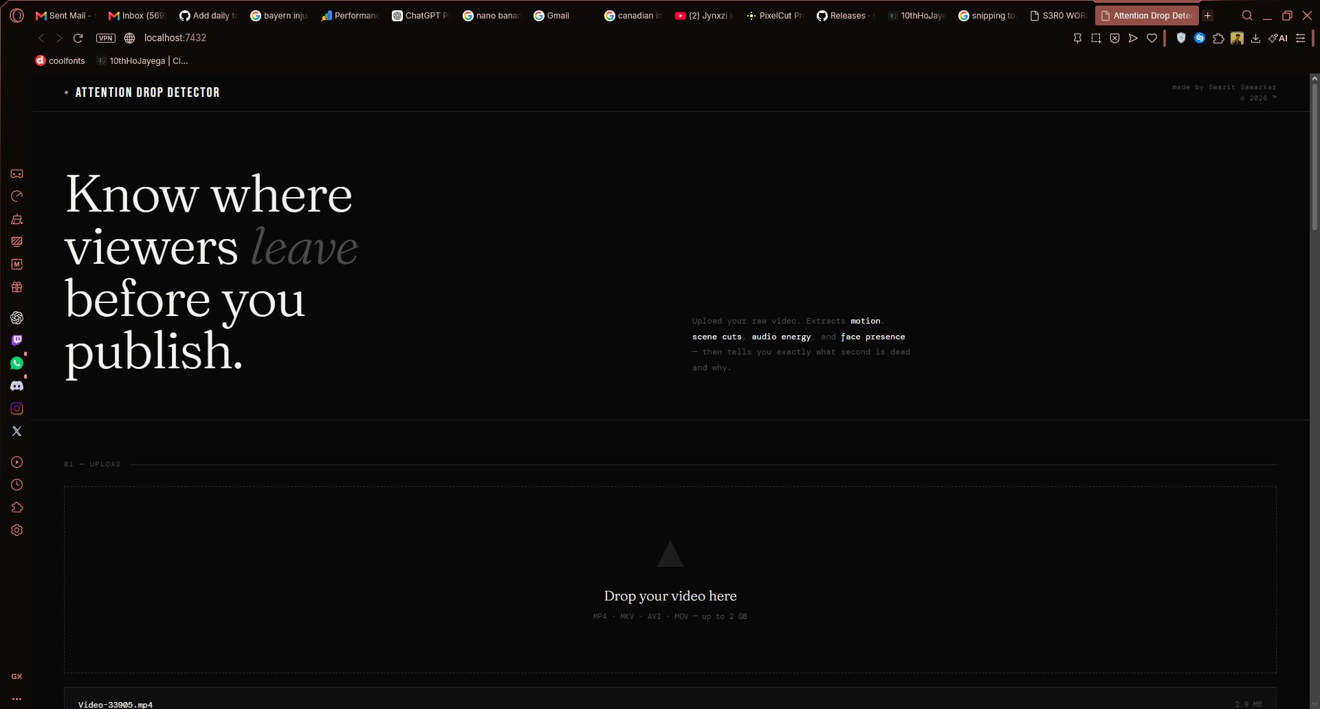 Attention Drop Detector app showing its video upload page and headline about finding where viewers leave.